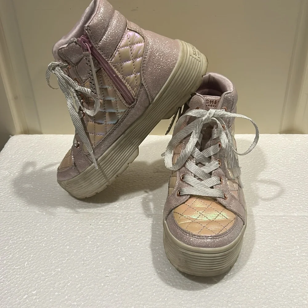 Skechers pink glittery quilt lace up/zip Hi Top platform sneakers women size 5